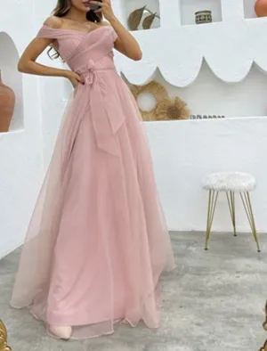 A-Line Evening Gown 1950s Dress Formal Wedding Reception Floor Length Sleeveless Off Shoulder Organza with Strappy