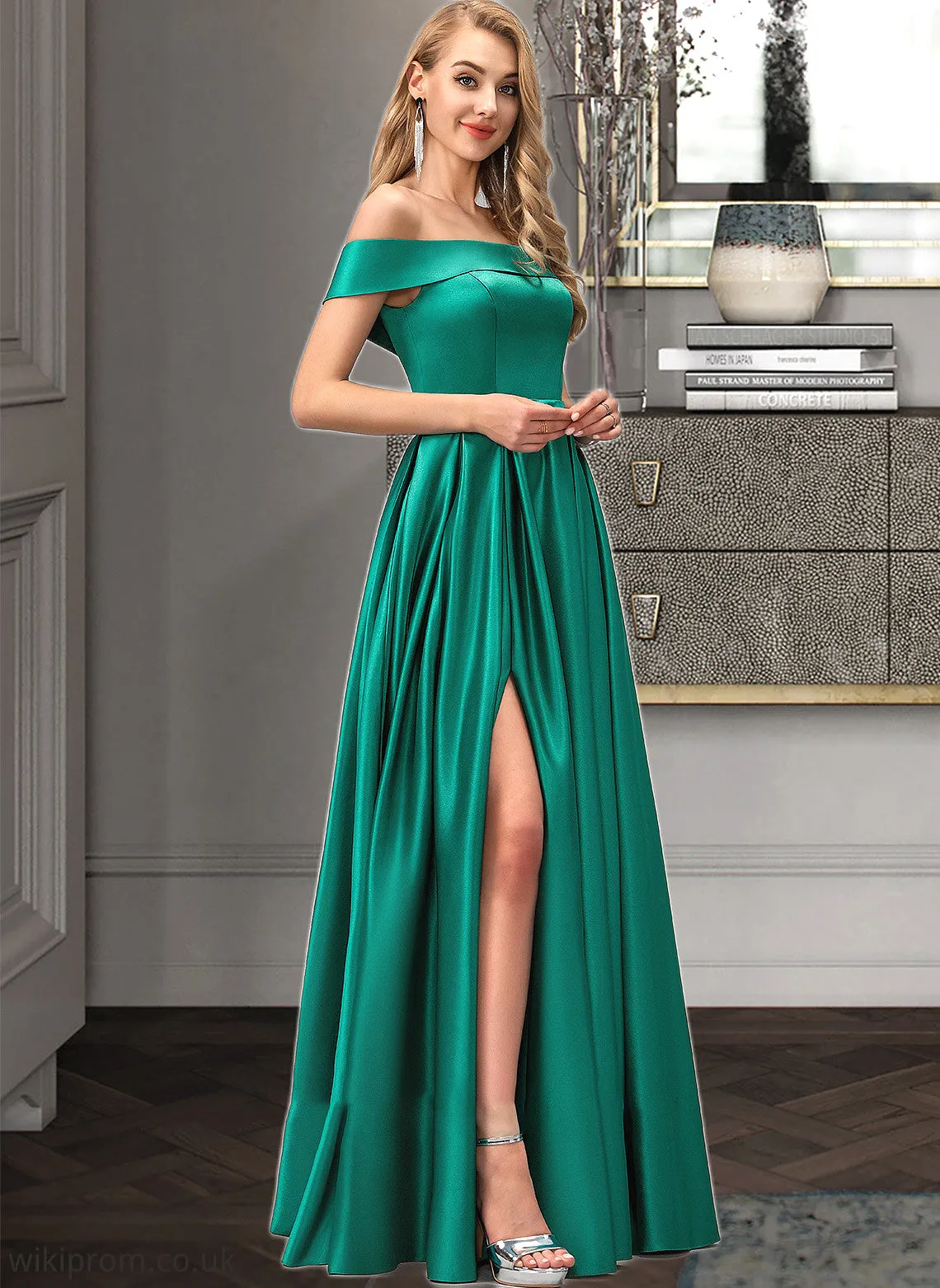 Adyson Ball-Gown/Princess Off-the-Shoulder Floor-Length Satin Bridesmaid Dress With Split Front Pockets SWKP0012866