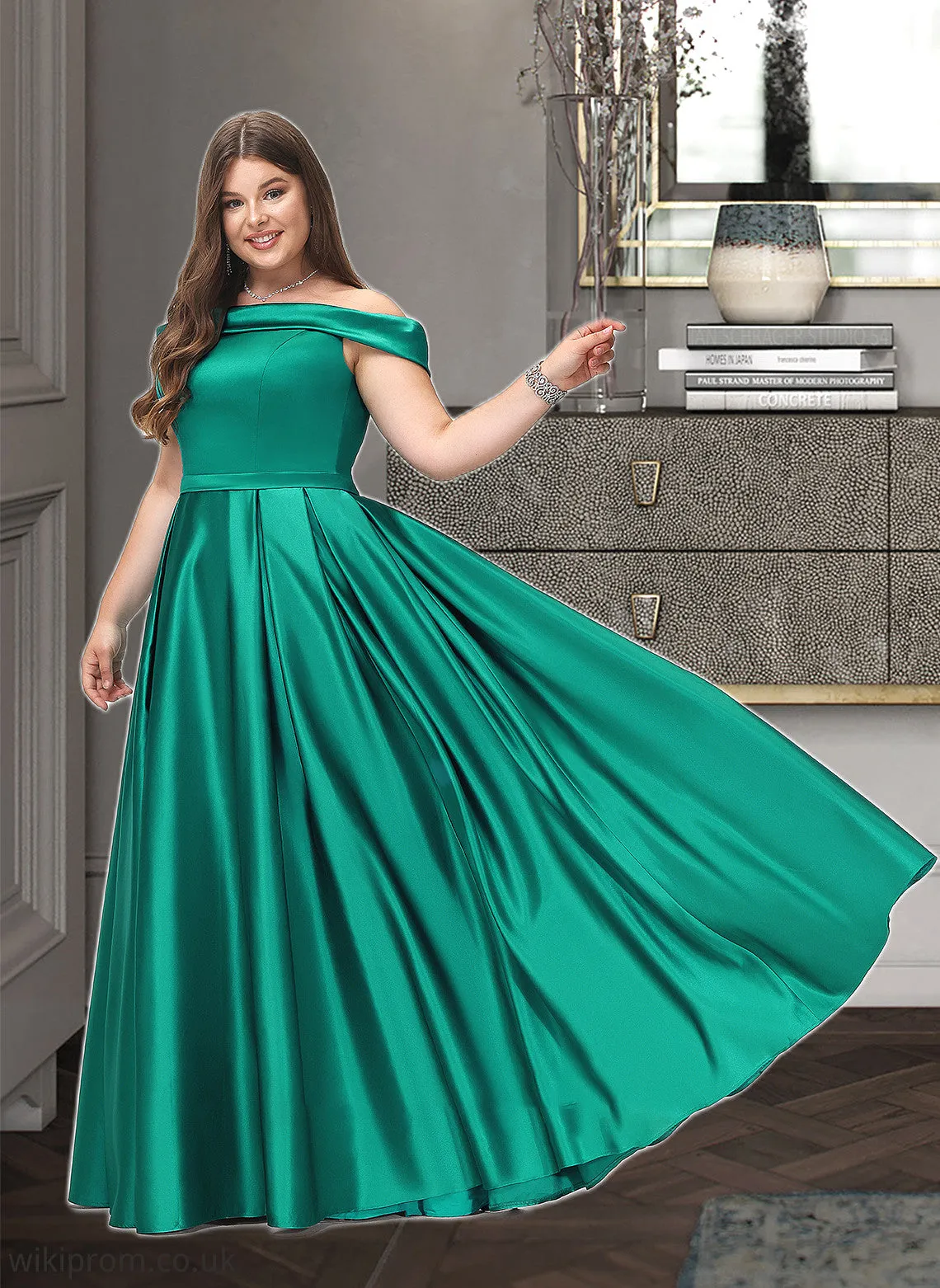 Adyson Ball-Gown/Princess Off-the-Shoulder Floor-Length Satin Bridesmaid Dress With Split Front Pockets SWKP0012866