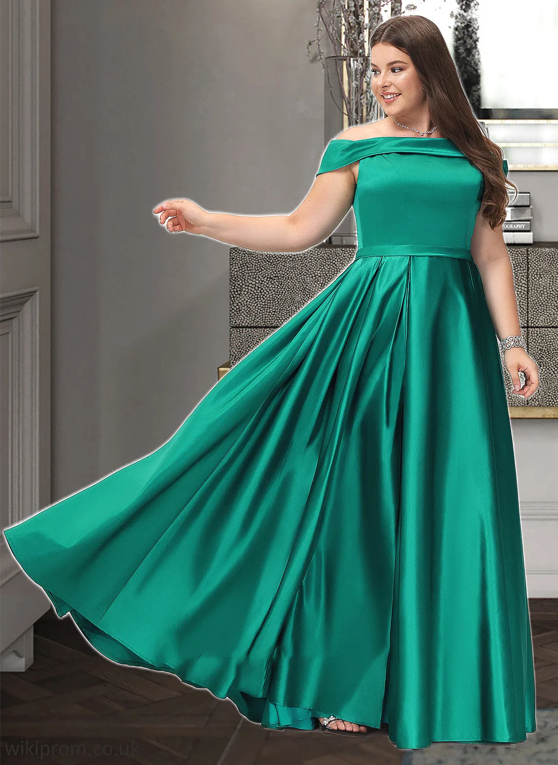 Adyson Ball-Gown/Princess Off-the-Shoulder Floor-Length Satin Bridesmaid Dress With Split Front Pockets SWKP0012866