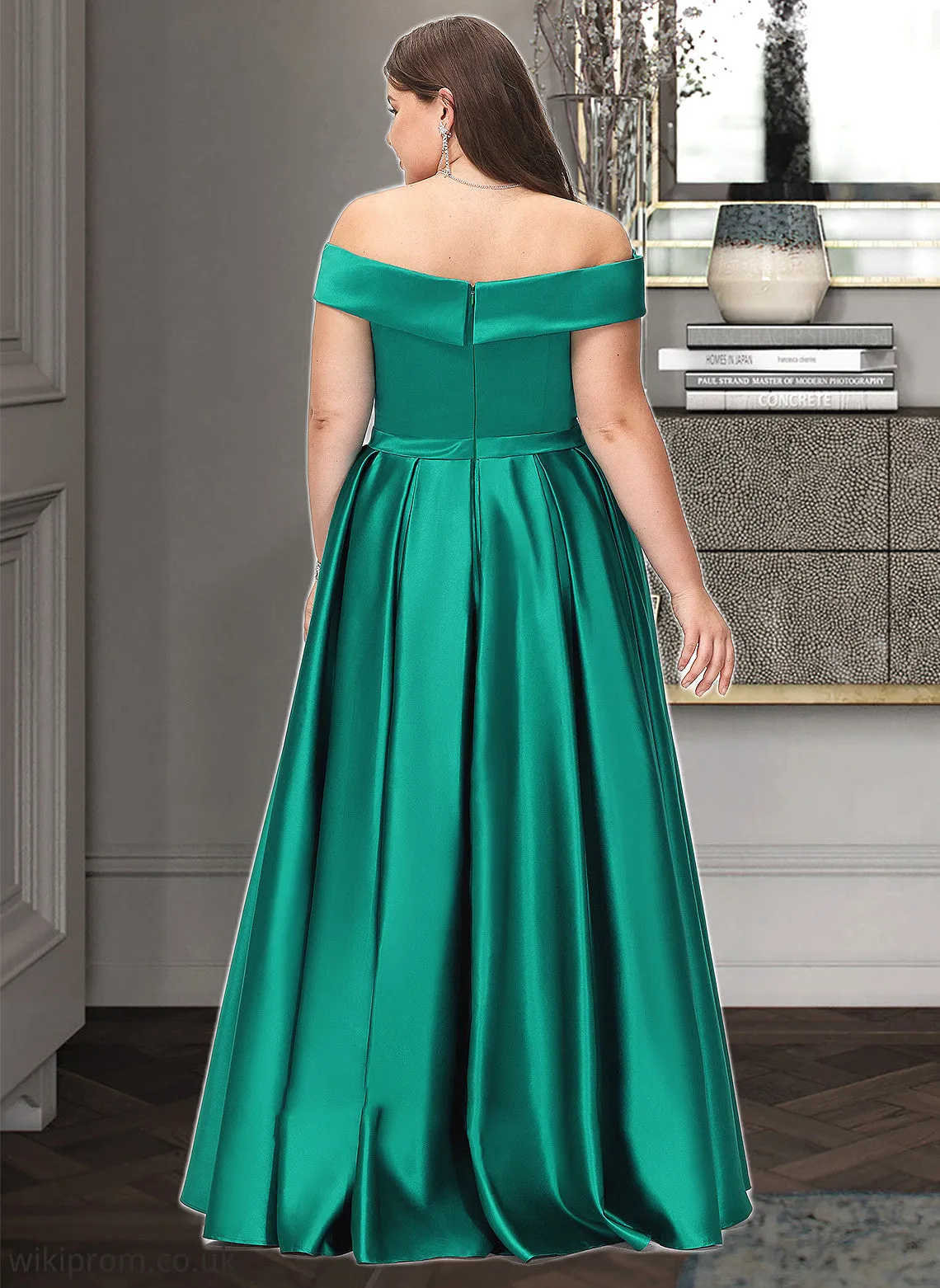 Adyson Ball-Gown/Princess Off-the-Shoulder Floor-Length Satin Bridesmaid Dress With Split Front Pockets SWKP0012866