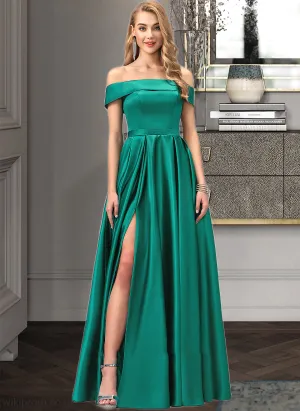 Adyson Ball-Gown/Princess Off-the-Shoulder Floor-Length Satin Bridesmaid Dress With Split Front Pockets SWKP0012866