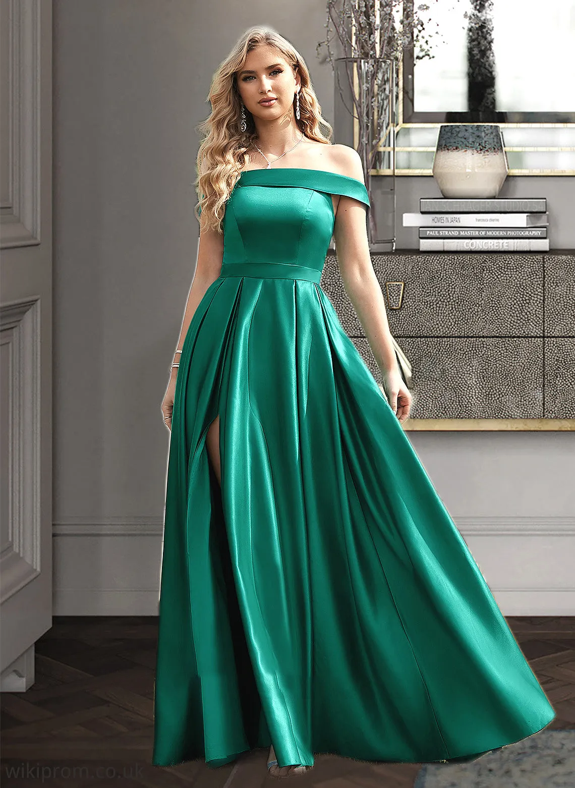 Adyson Ball-Gown/Princess Off-the-Shoulder Floor-Length Satin Bridesmaid Dress With Split Front Pockets SWKP0012866
