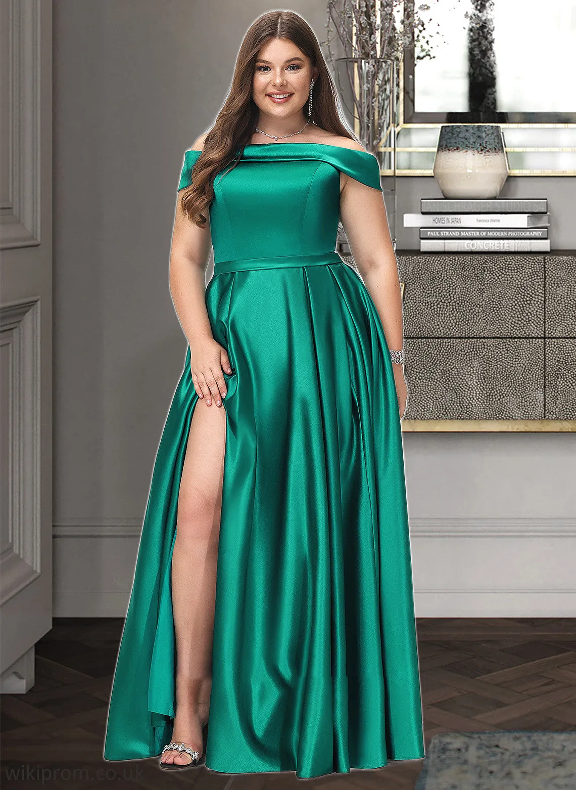 Adyson Ball-Gown/Princess Off-the-Shoulder Floor-Length Satin Bridesmaid Dress With Split Front Pockets SWKP0012866
