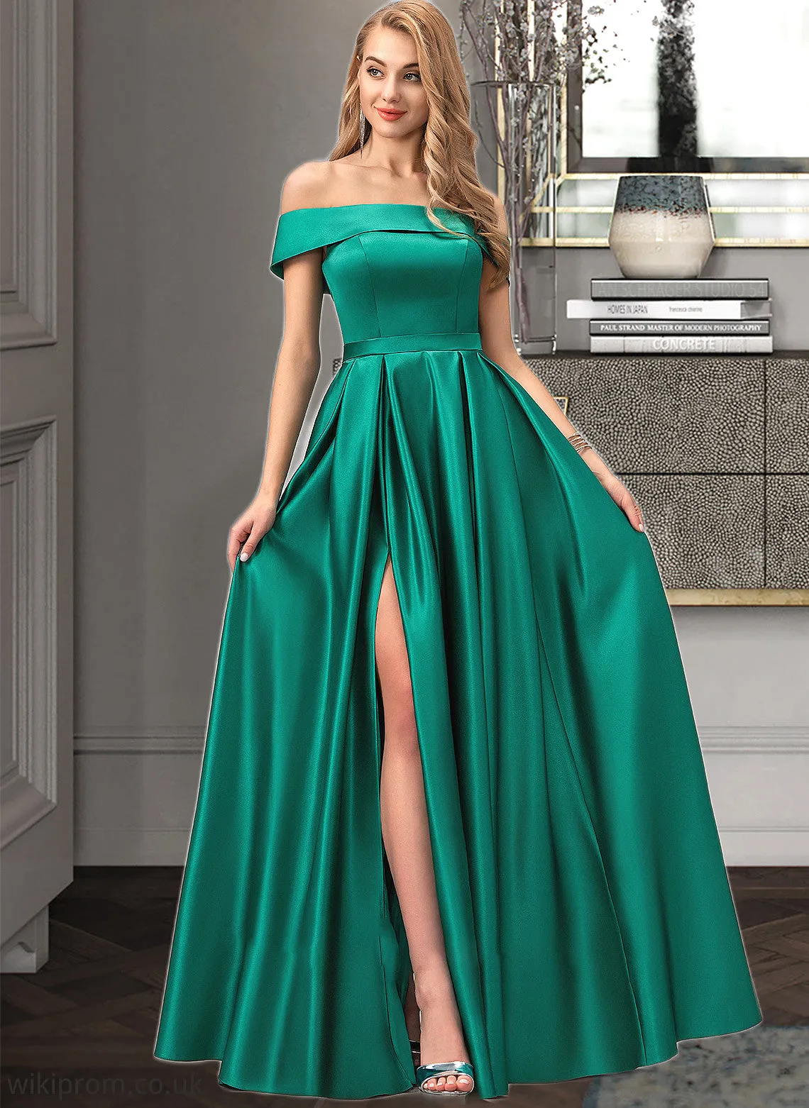 Adyson Ball-Gown/Princess Off-the-Shoulder Floor-Length Satin Bridesmaid Dress With Split Front Pockets SWKP0012866