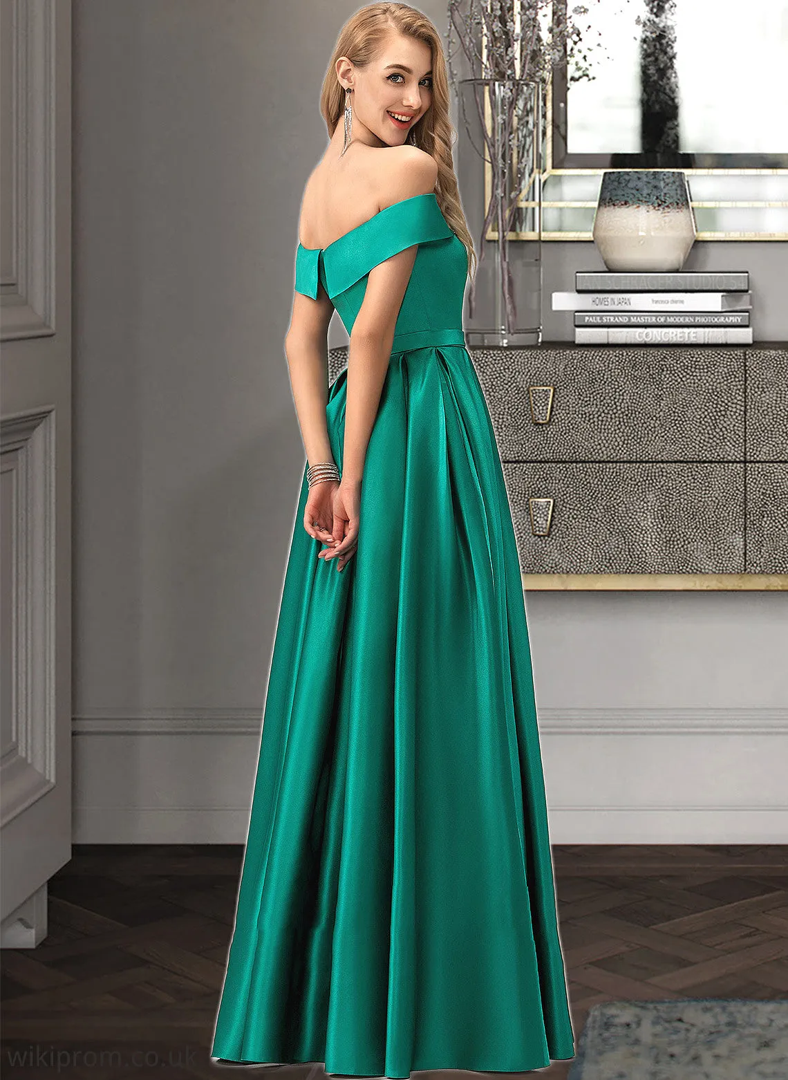 Adyson Ball-Gown/Princess Off-the-Shoulder Floor-Length Satin Bridesmaid Dress With Split Front Pockets SWKP0012866