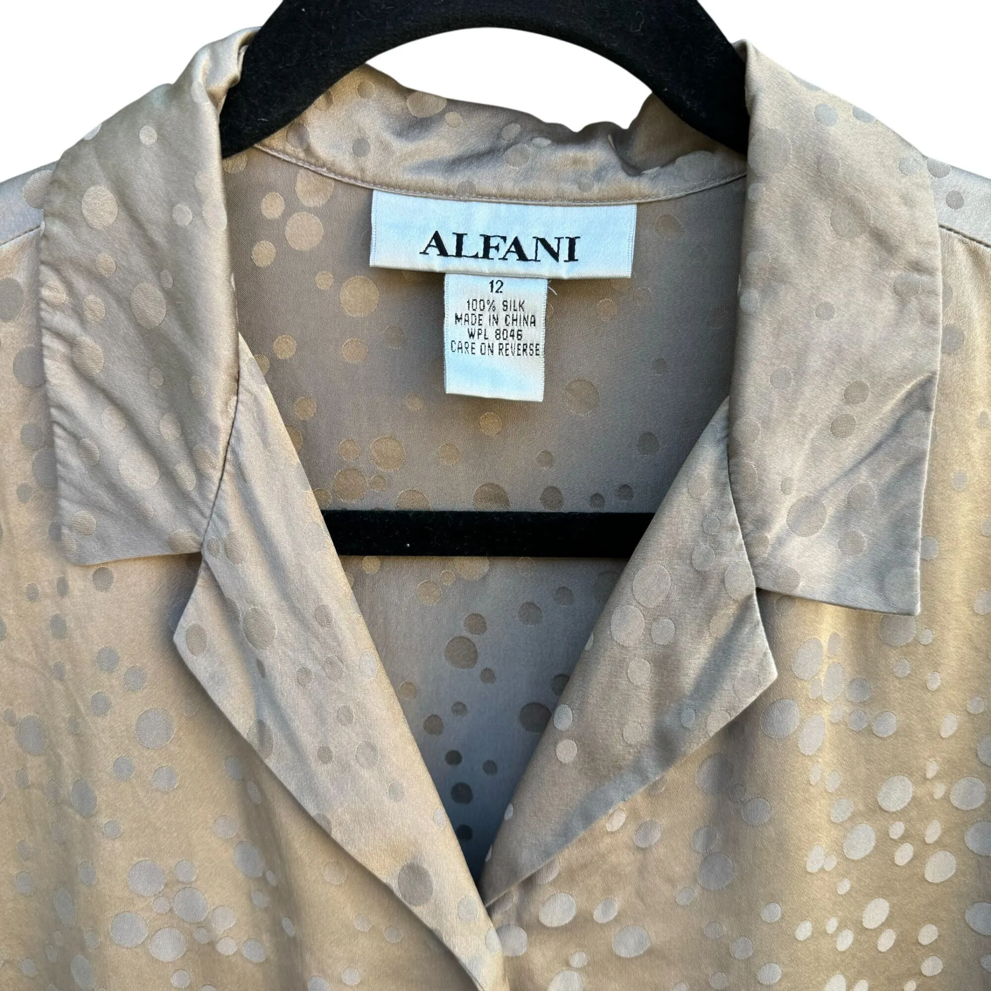 Alfani Vintage Womens Beige Polka Dot Button-Down Long Sleeve Silk Blouse 12