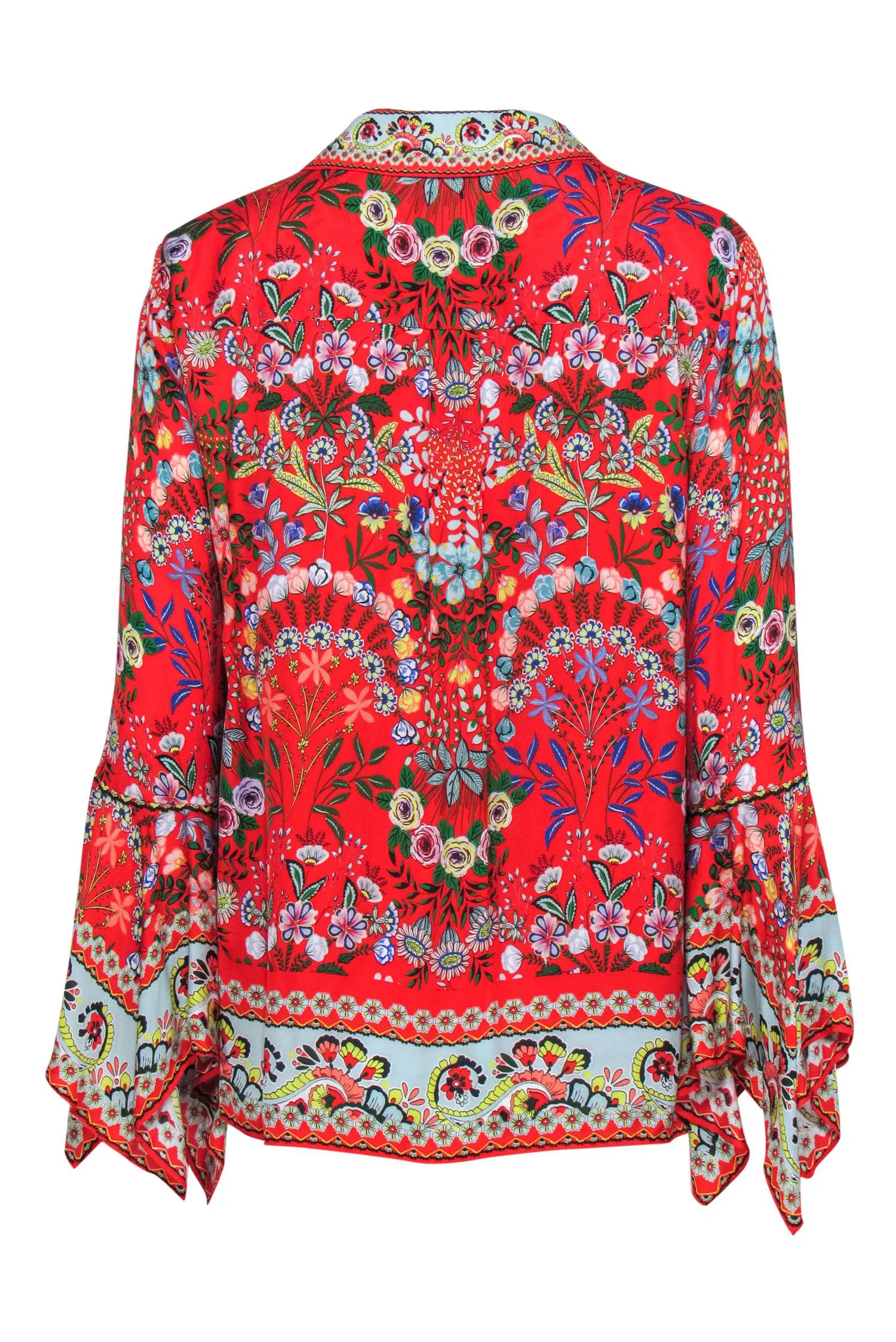 Alice & Olivia - Red & Bright Floral Silk Collared Bell Sleeve Blouse Sz L