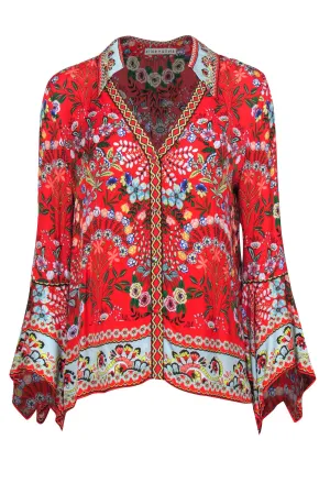 Alice & Olivia - Red & Bright Floral Silk Collared Bell Sleeve Blouse Sz L