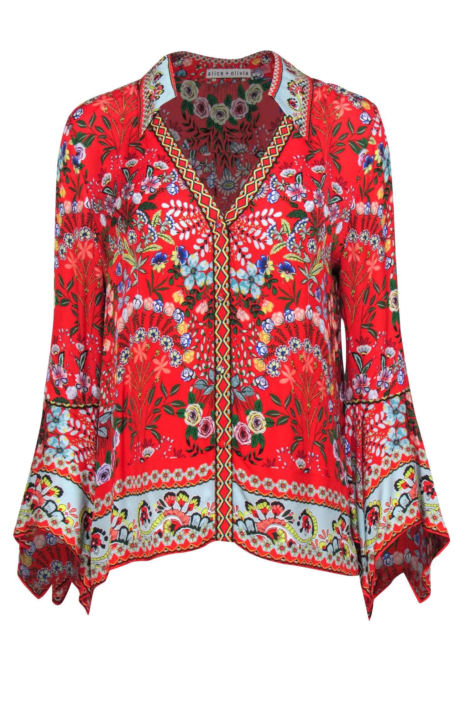 Alice & Olivia - Red & Bright Floral Silk Collared Bell Sleeve Blouse Sz L