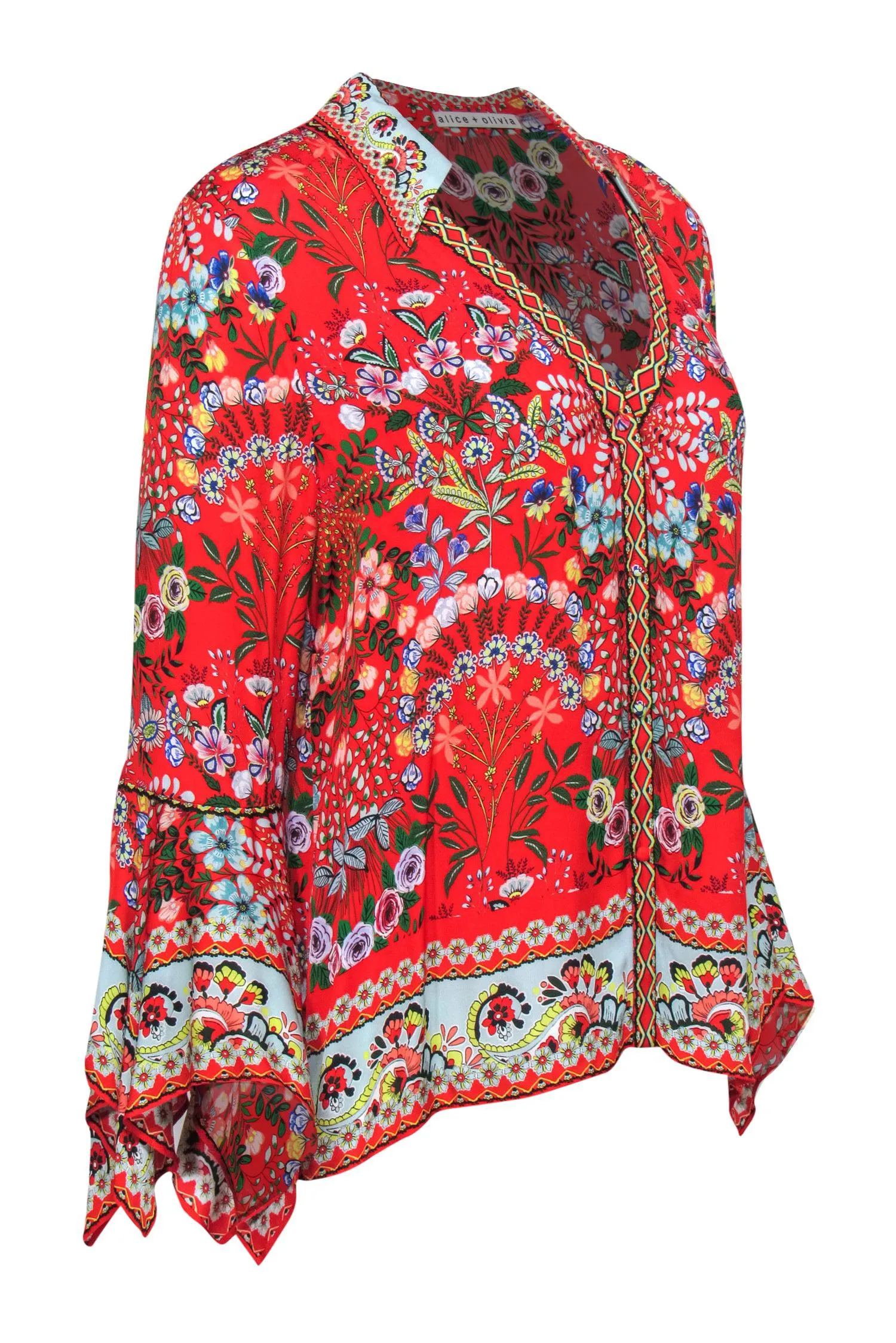 Alice & Olivia - Red & Bright Floral Silk Collared Bell Sleeve Blouse Sz L