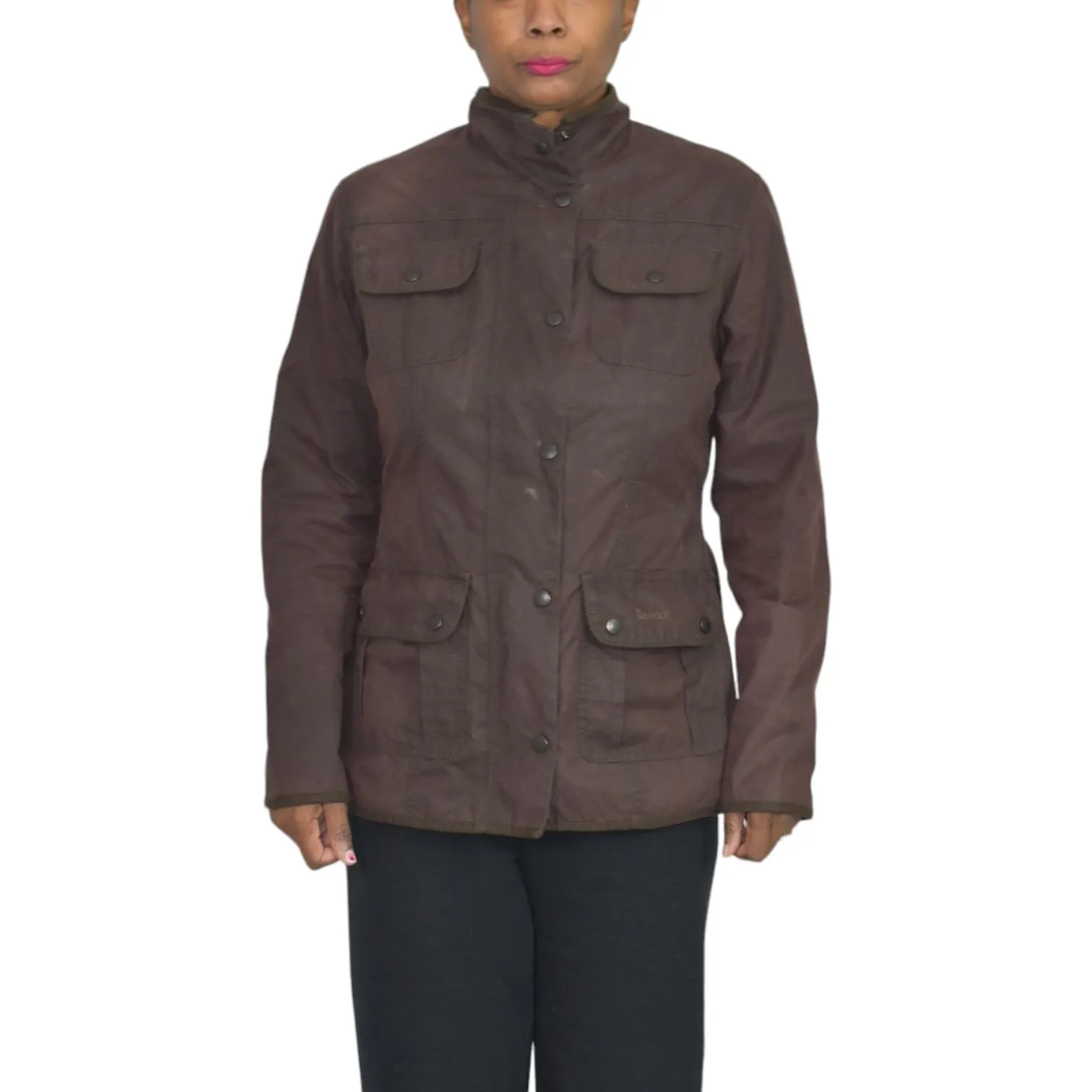 Barbour Utility Jacket Brown Wax Cotton Flannel Lined Slim Fit Hip Length Size 10