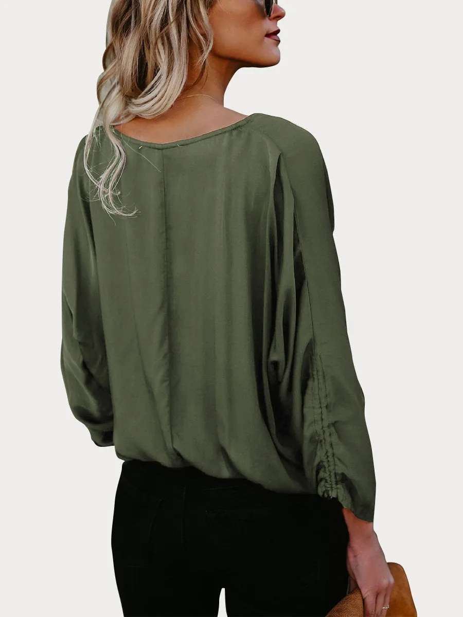 Black Button Down V Neck Casual Blouse