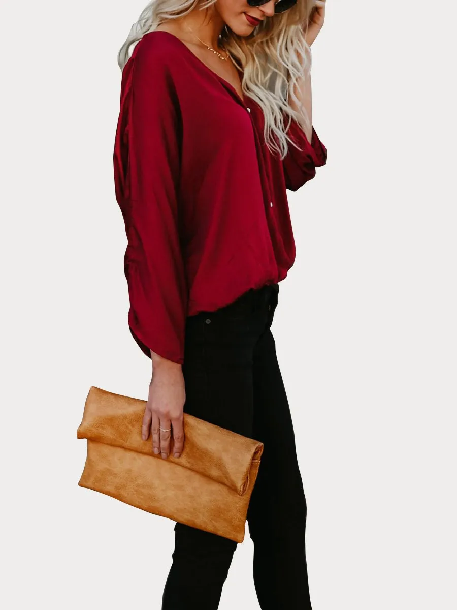 Black Button Down V Neck Casual Blouse