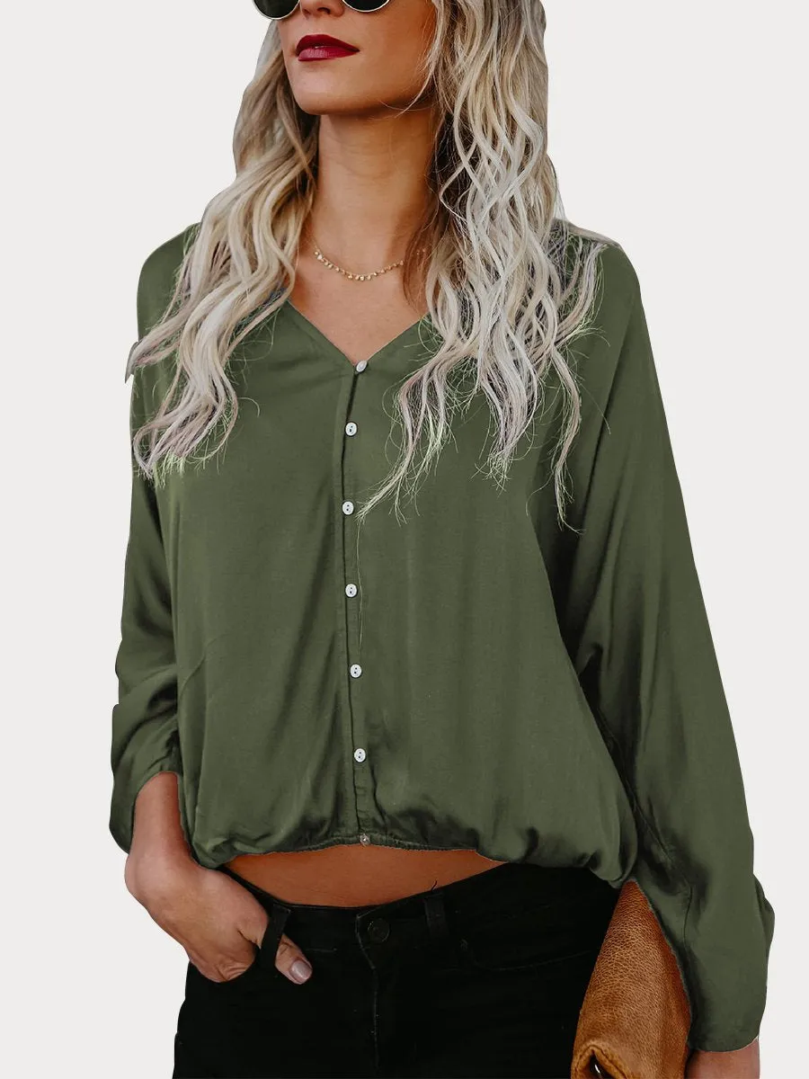 Black Button Down V Neck Casual Blouse