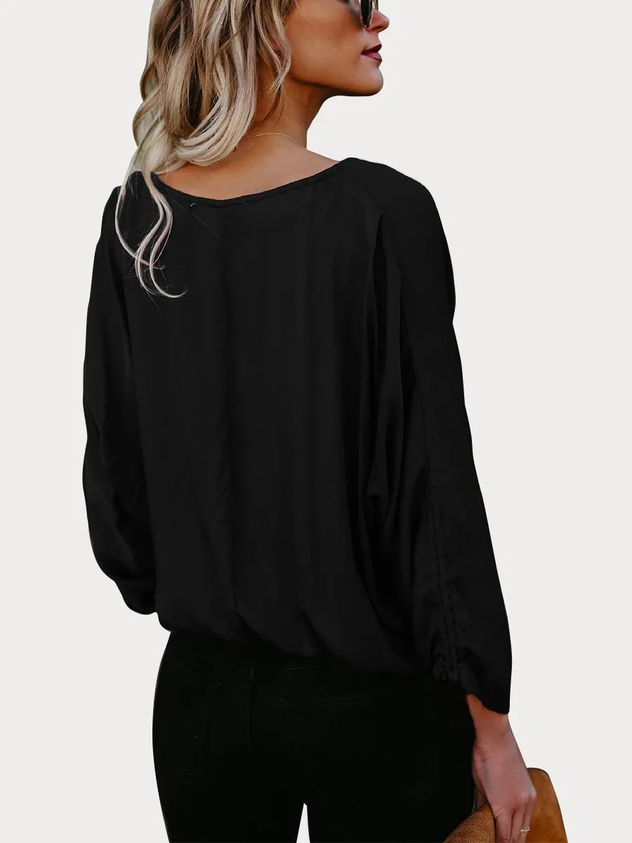 Black Button Down V Neck Casual Blouse