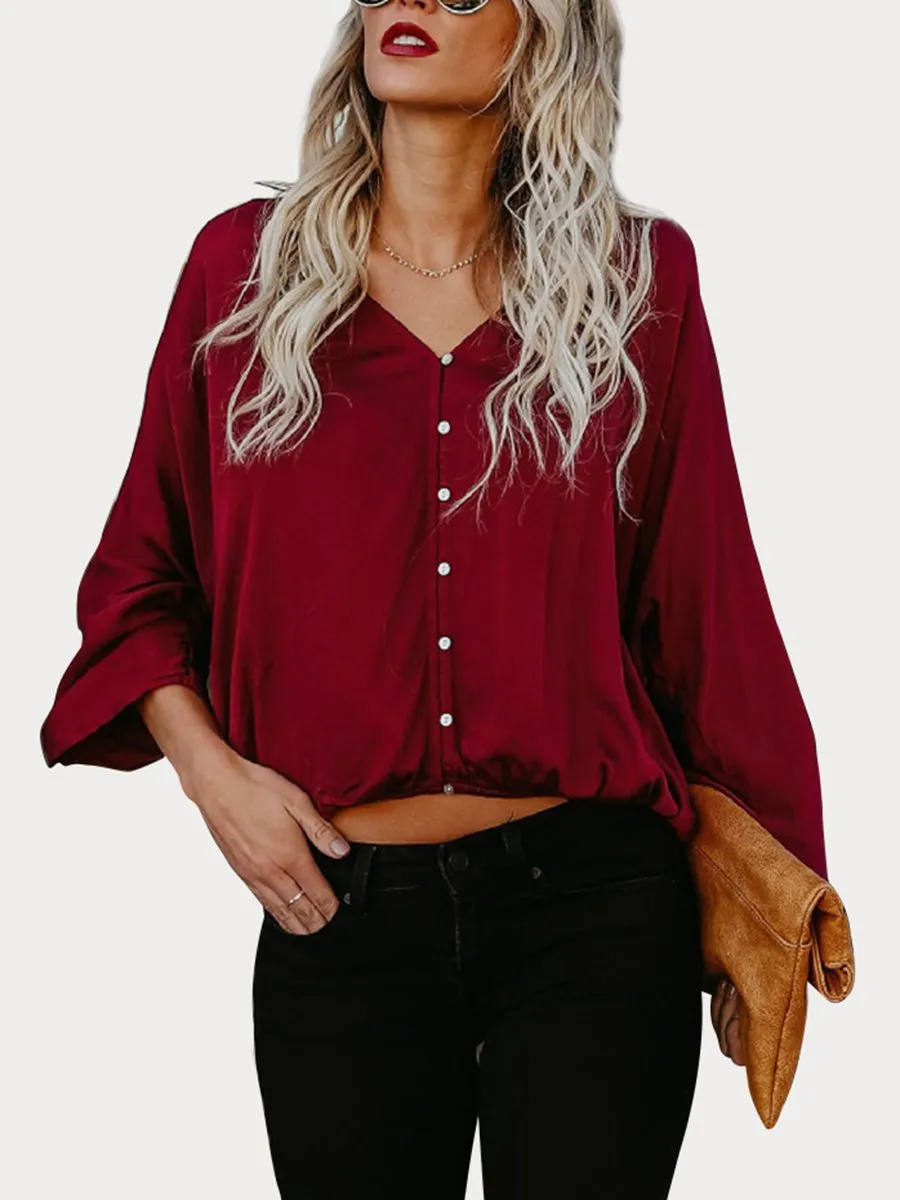 Black Button Down V Neck Casual Blouse
