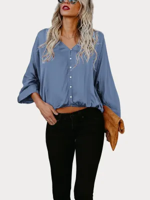 Black Button Down V Neck Casual Blouse