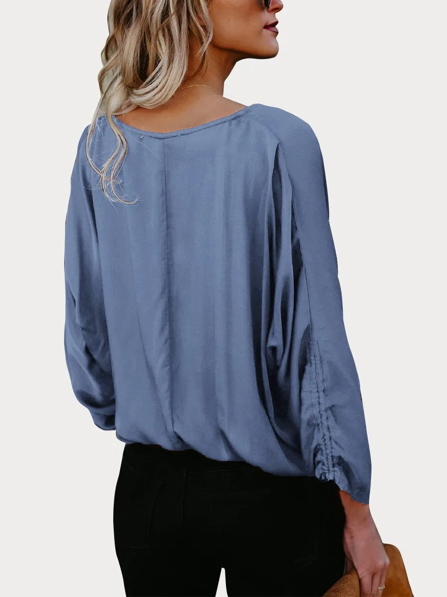 Black Button Down V Neck Casual Blouse