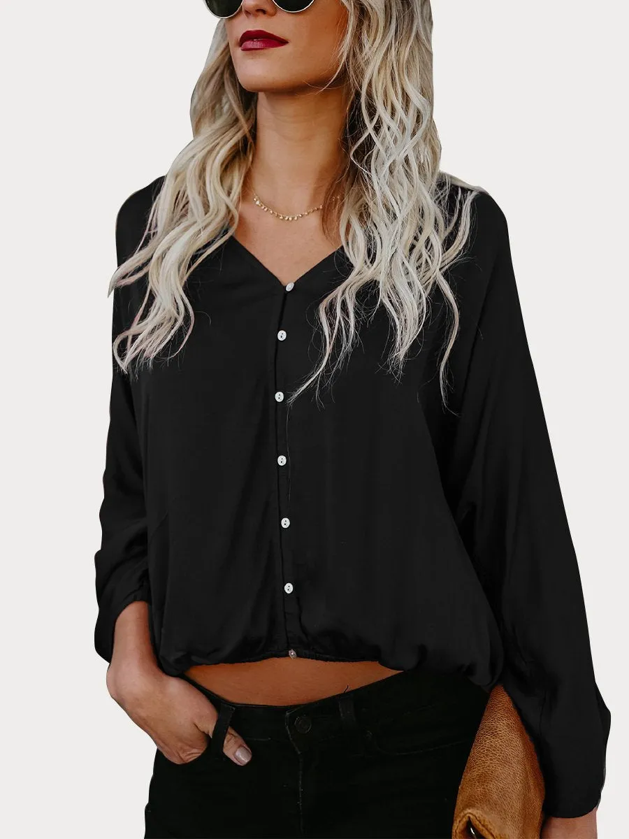 Black Button Down V Neck Casual Blouse