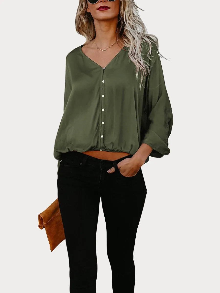 Black Button Down V Neck Casual Blouse