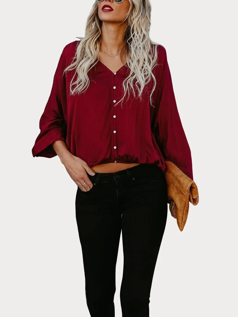 Black Button Down V Neck Casual Blouse