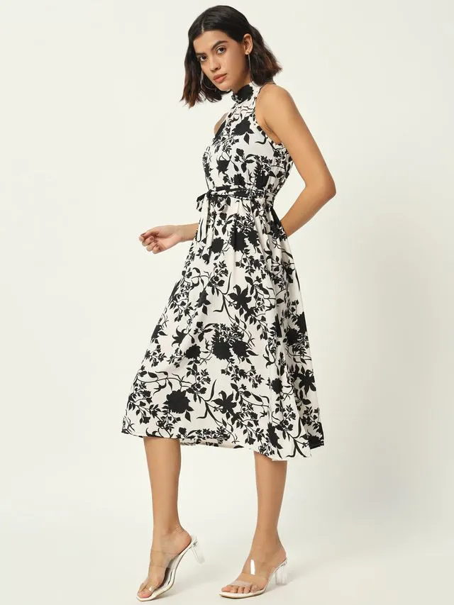 Black Floral Print Sleeveless Midi Dress