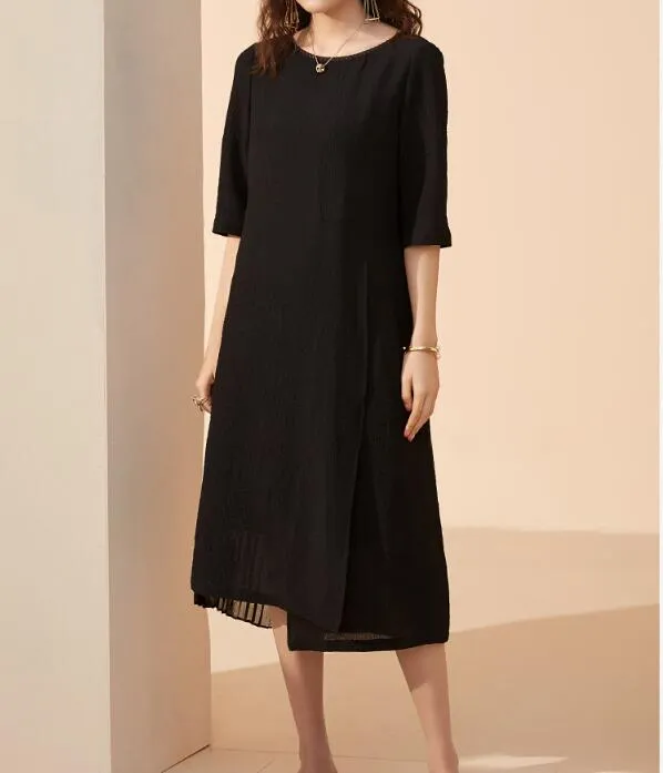 Black  Spring Summer Loose Women Dresses Long Sleeve Dresses