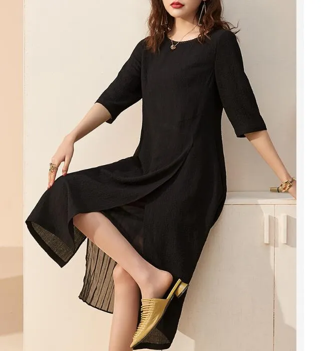 Black  Spring Summer Loose Women Dresses Long Sleeve Dresses
