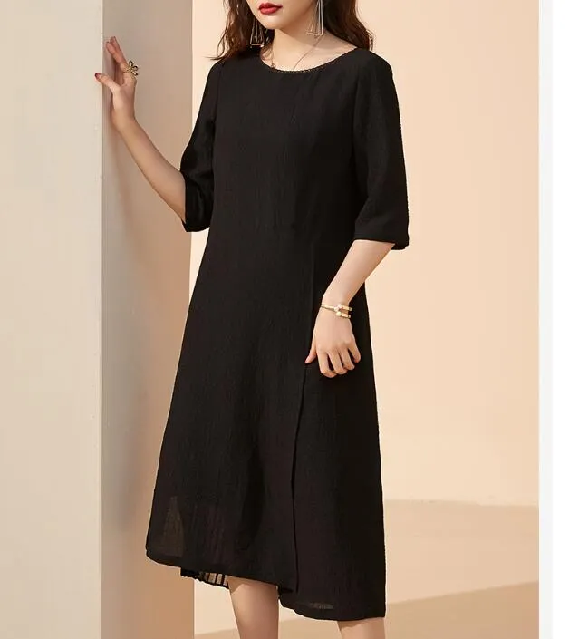 Black  Spring Summer Loose Women Dresses Long Sleeve Dresses