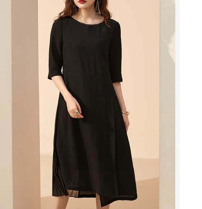 Black  Spring Summer Loose Women Dresses Long Sleeve Dresses