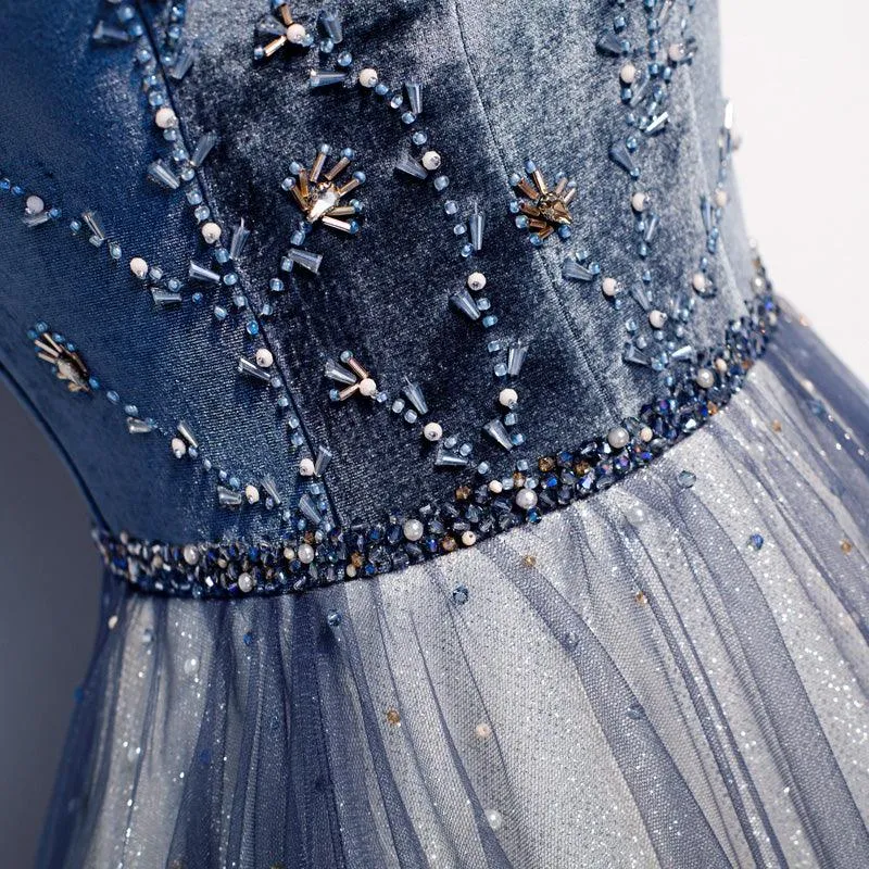 Blue Off shoulder V-Neck Elegant Evening Dress