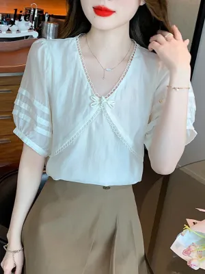 Chic Bow Pure Color Women Blouse French Style Puff Sleeve V-neck Simple Fashion Elegant Office Lady Apricot Basic Blouses