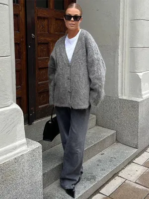 Chic VAN V-neck loose fit gray cardigan