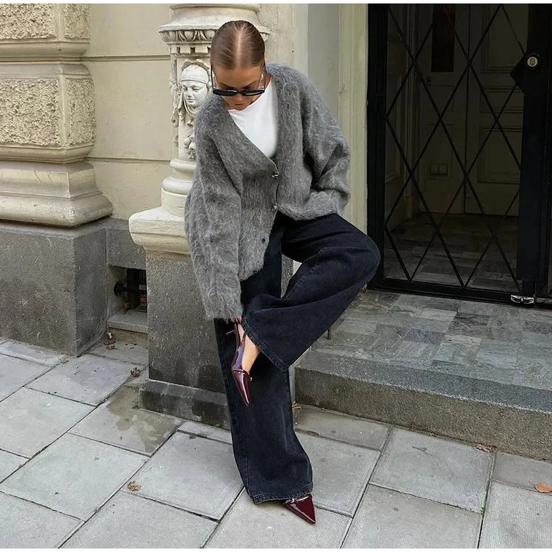 Chic VAN V-neck loose fit gray cardigan