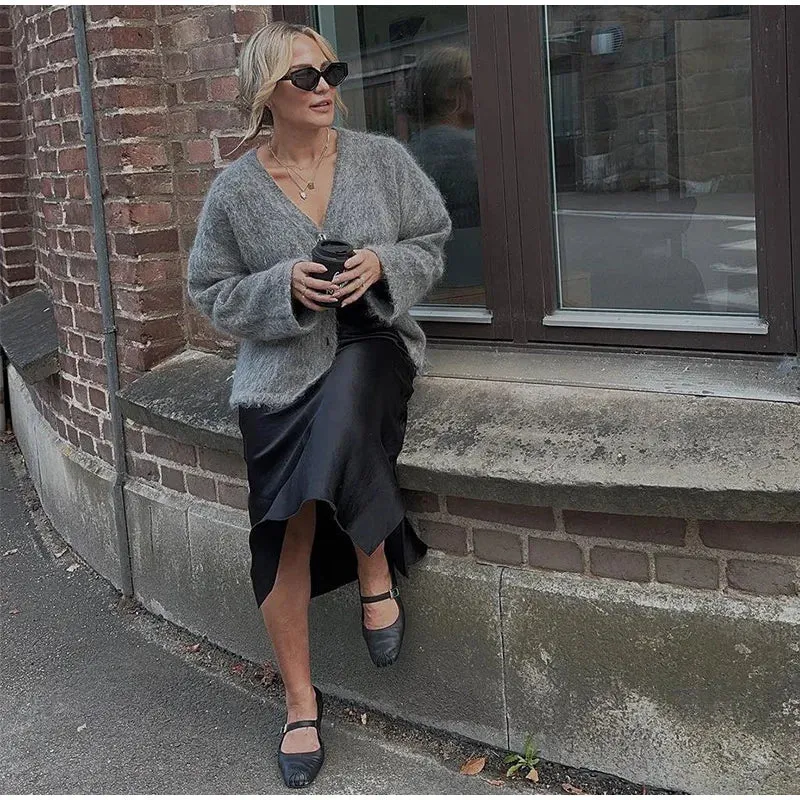 Chic VAN V-neck loose fit gray cardigan
