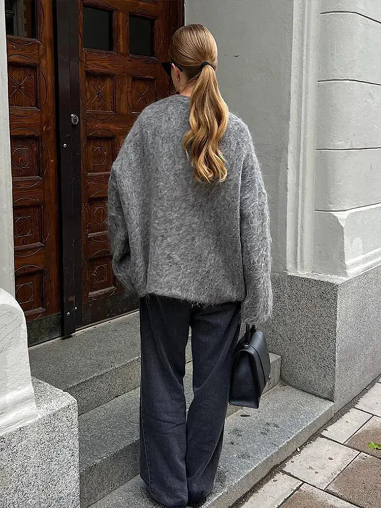 Chic VAN V-neck loose fit gray cardigan