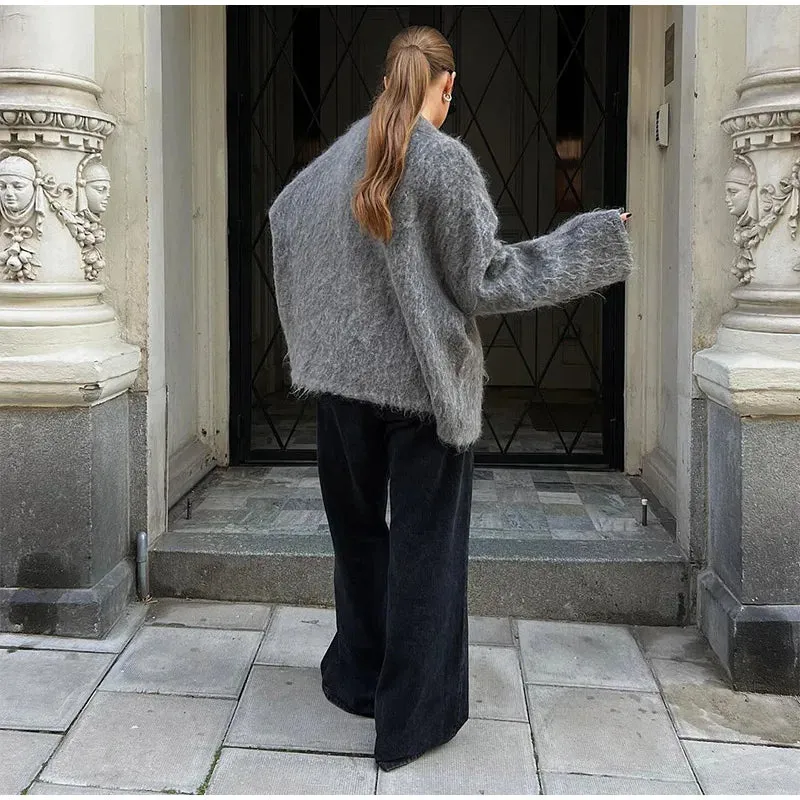 Chic VAN V-neck loose fit gray cardigan