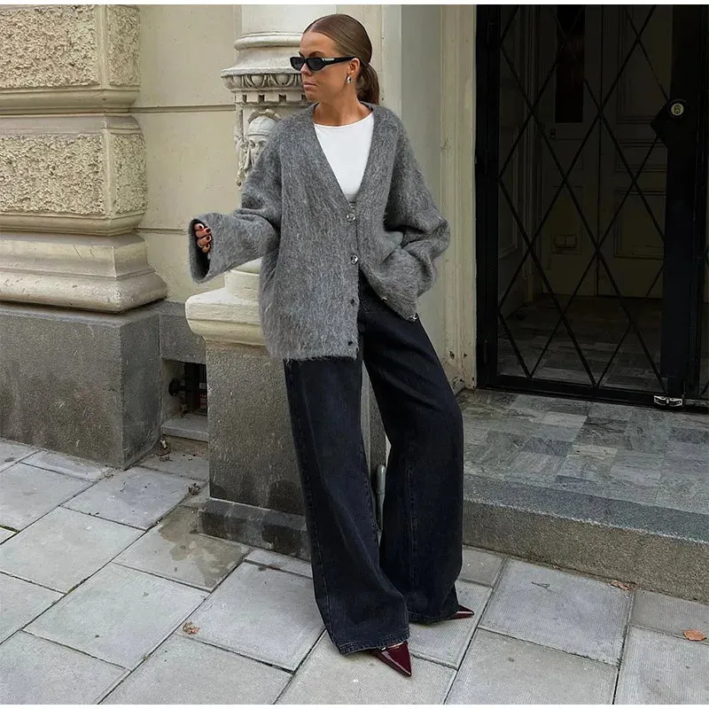 Chic VAN V-neck loose fit gray cardigan