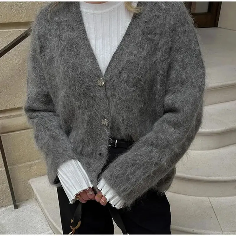 Chic VAN V-neck loose fit gray cardigan
