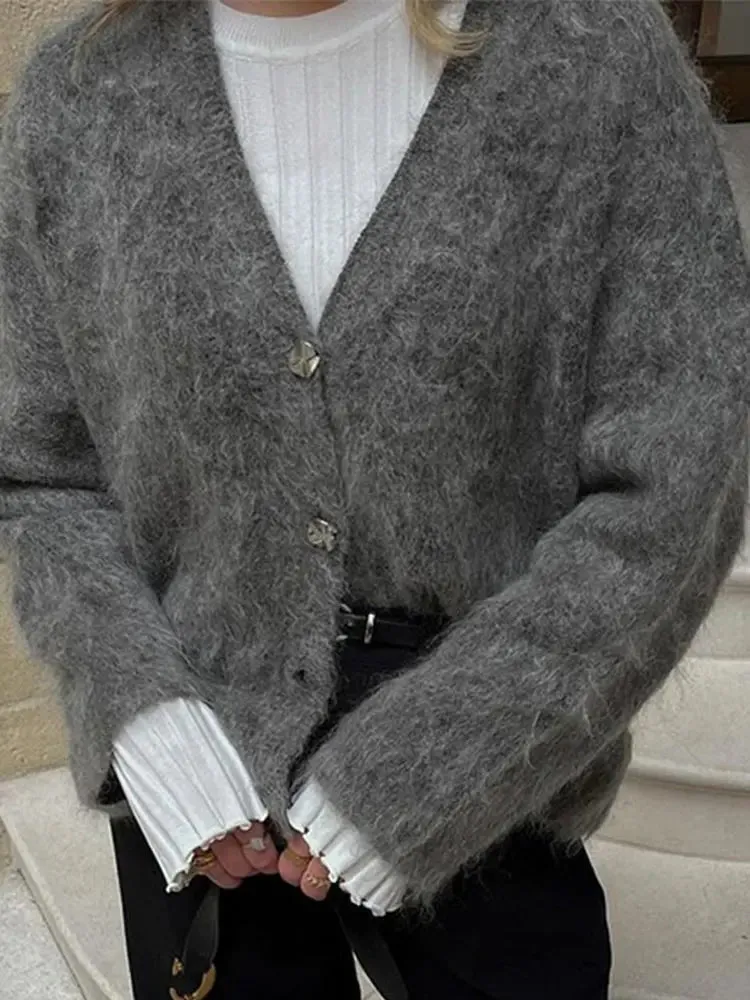 Chic VAN V-neck loose fit gray cardigan