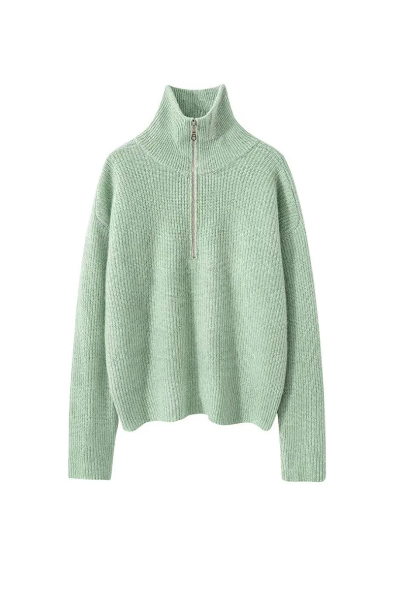 Chunky Cashmere Half Zip Turtleneck Pullover Sweater