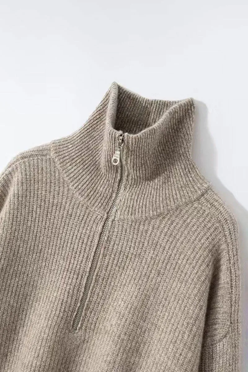 Chunky Cashmere Half Zip Turtleneck Pullover Sweater