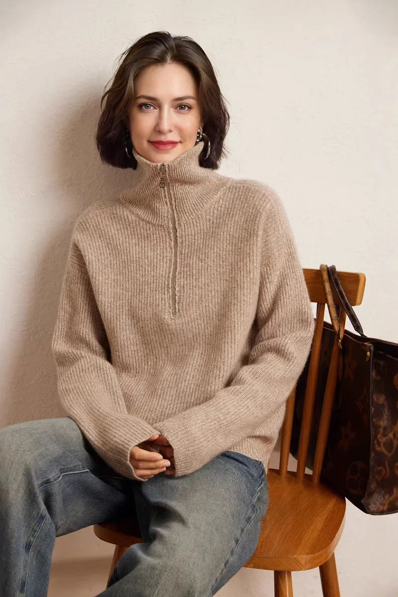 Chunky Cashmere Half Zip Turtleneck Pullover Sweater