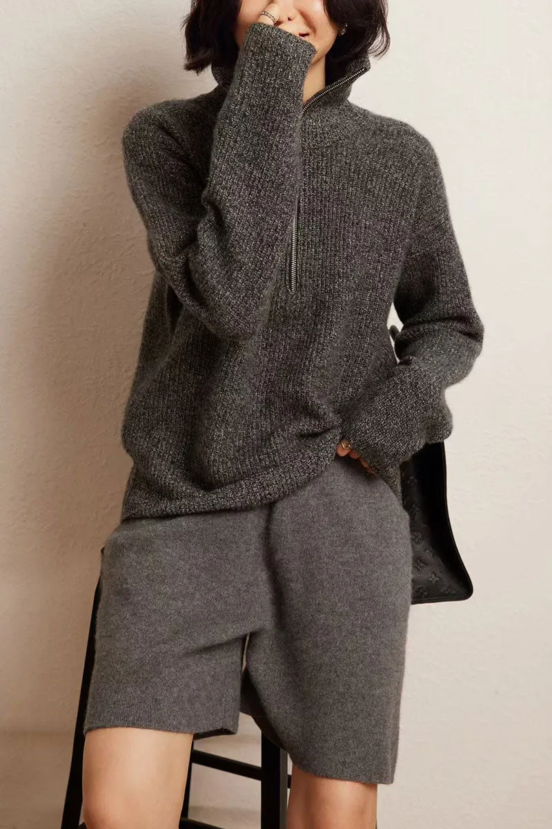 Chunky Cashmere Half Zip Turtleneck Pullover Sweater