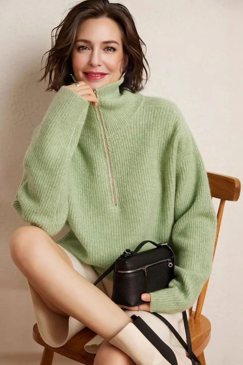 Chunky Cashmere Half Zip Turtleneck Pullover Sweater