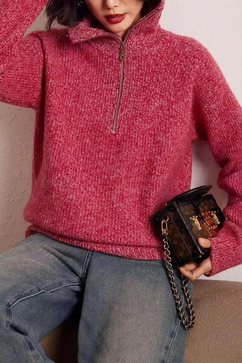Chunky Cashmere Half Zip Turtleneck Pullover Sweater