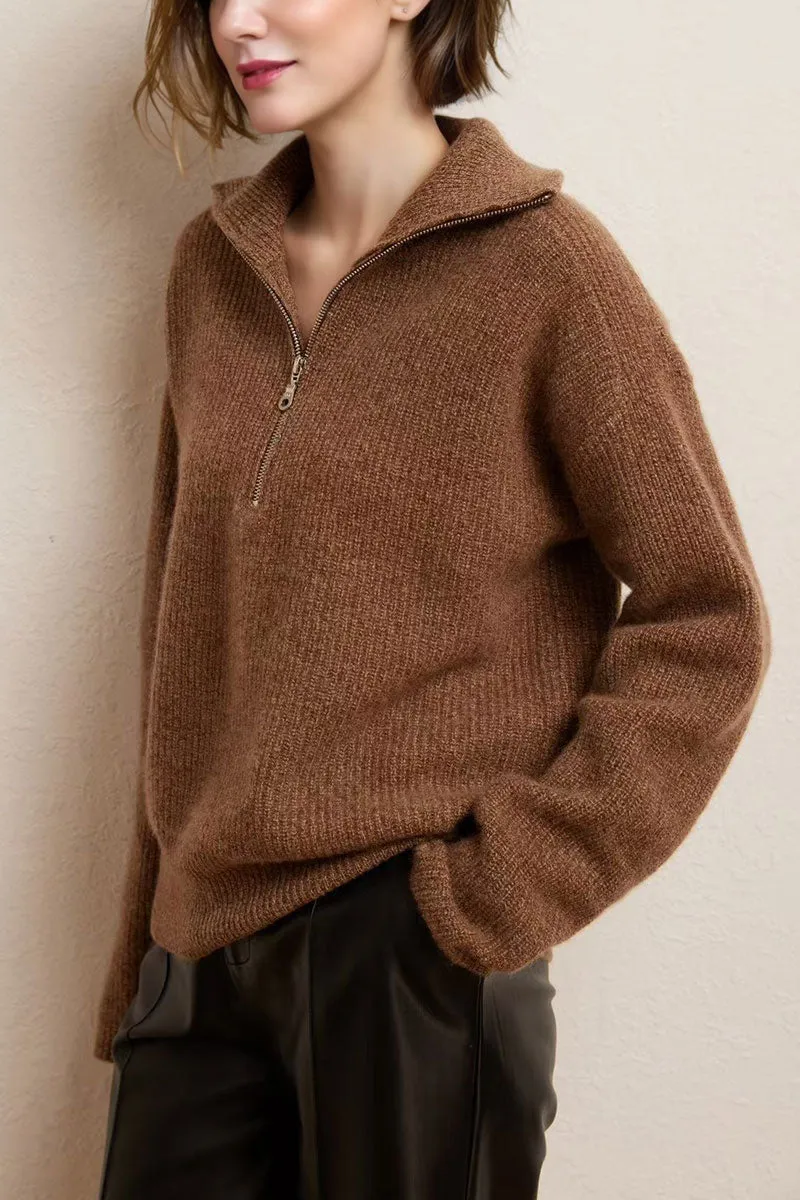Chunky Cashmere Half Zip Turtleneck Pullover Sweater