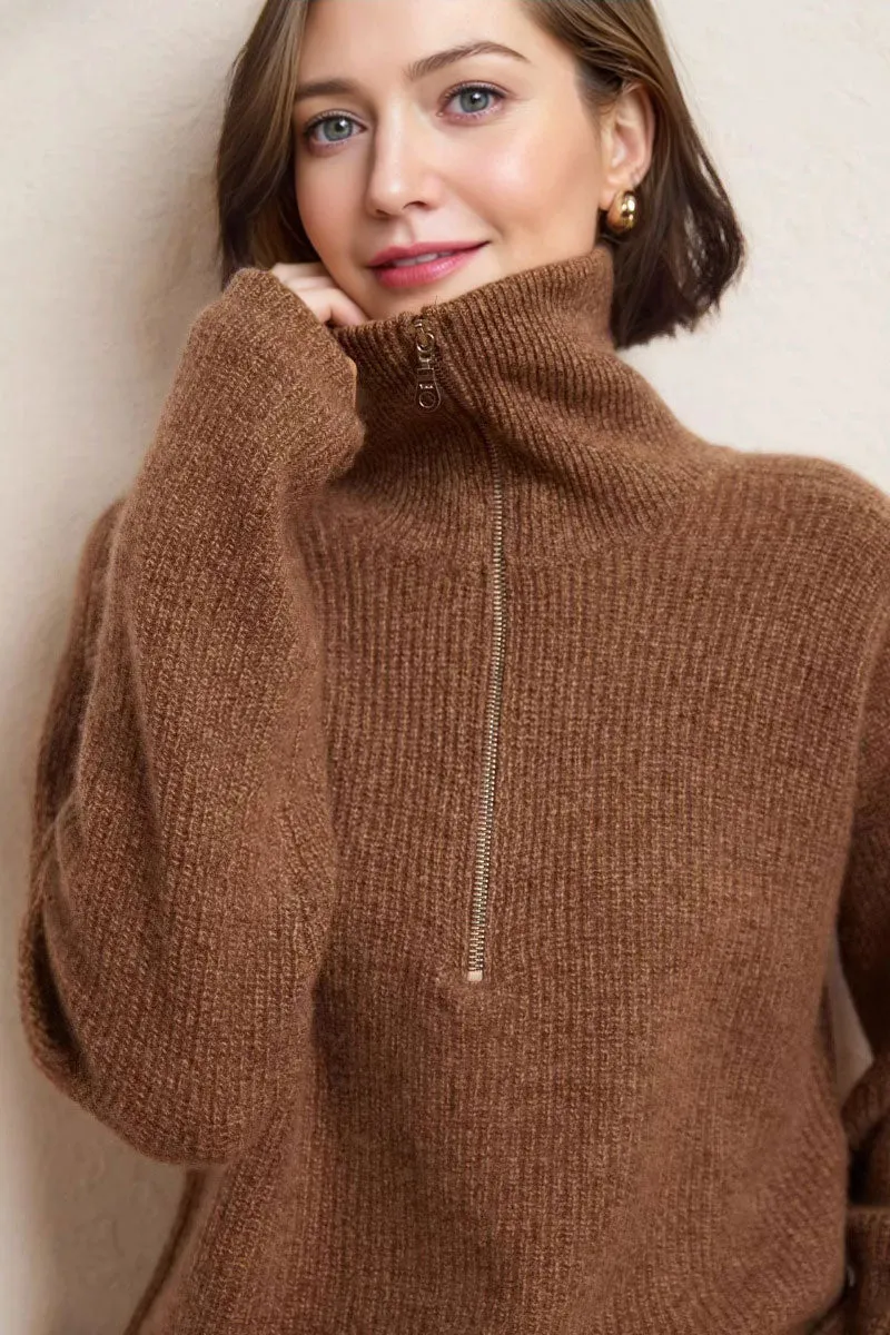 Chunky Cashmere Half Zip Turtleneck Pullover Sweater