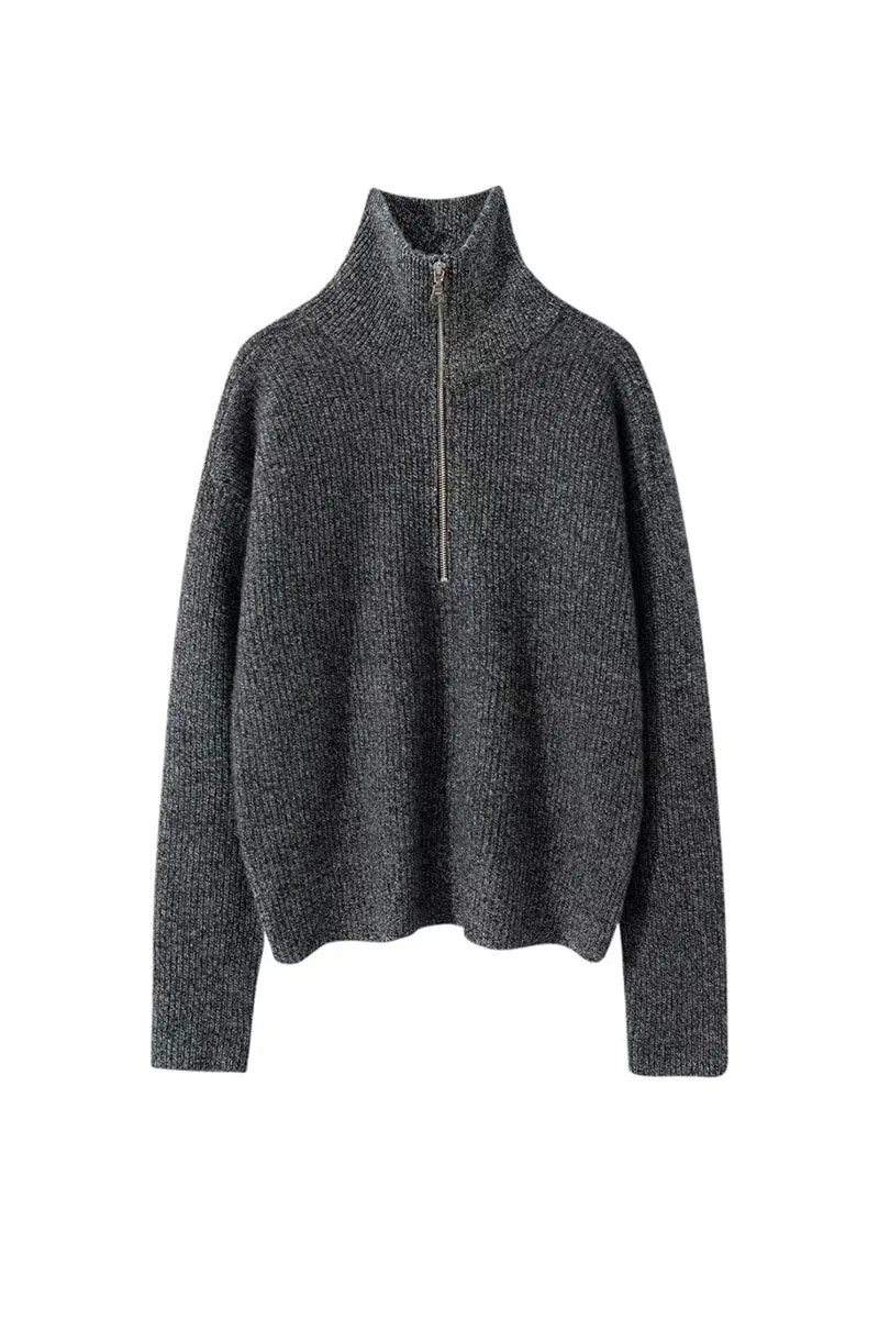Chunky Cashmere Half Zip Turtleneck Pullover Sweater